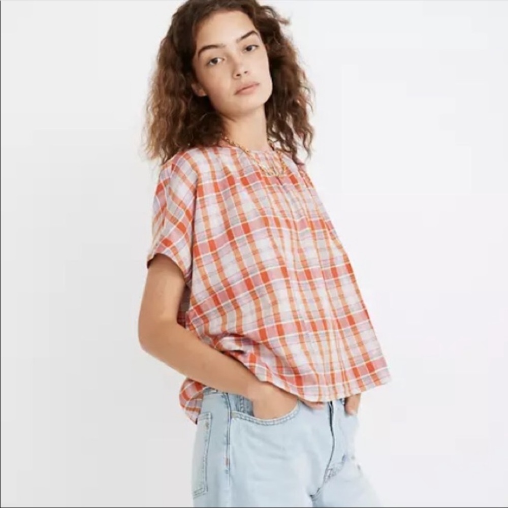 NEW Madewell Plaid Shirred Neck Boxy Top - Picture 2 of 14